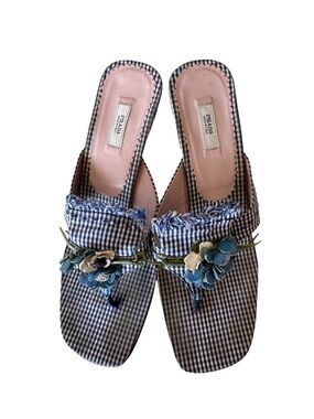 Prada Vintage Blue White Gingham Floral Appliqué Thong Sandals Mules EU 38.5